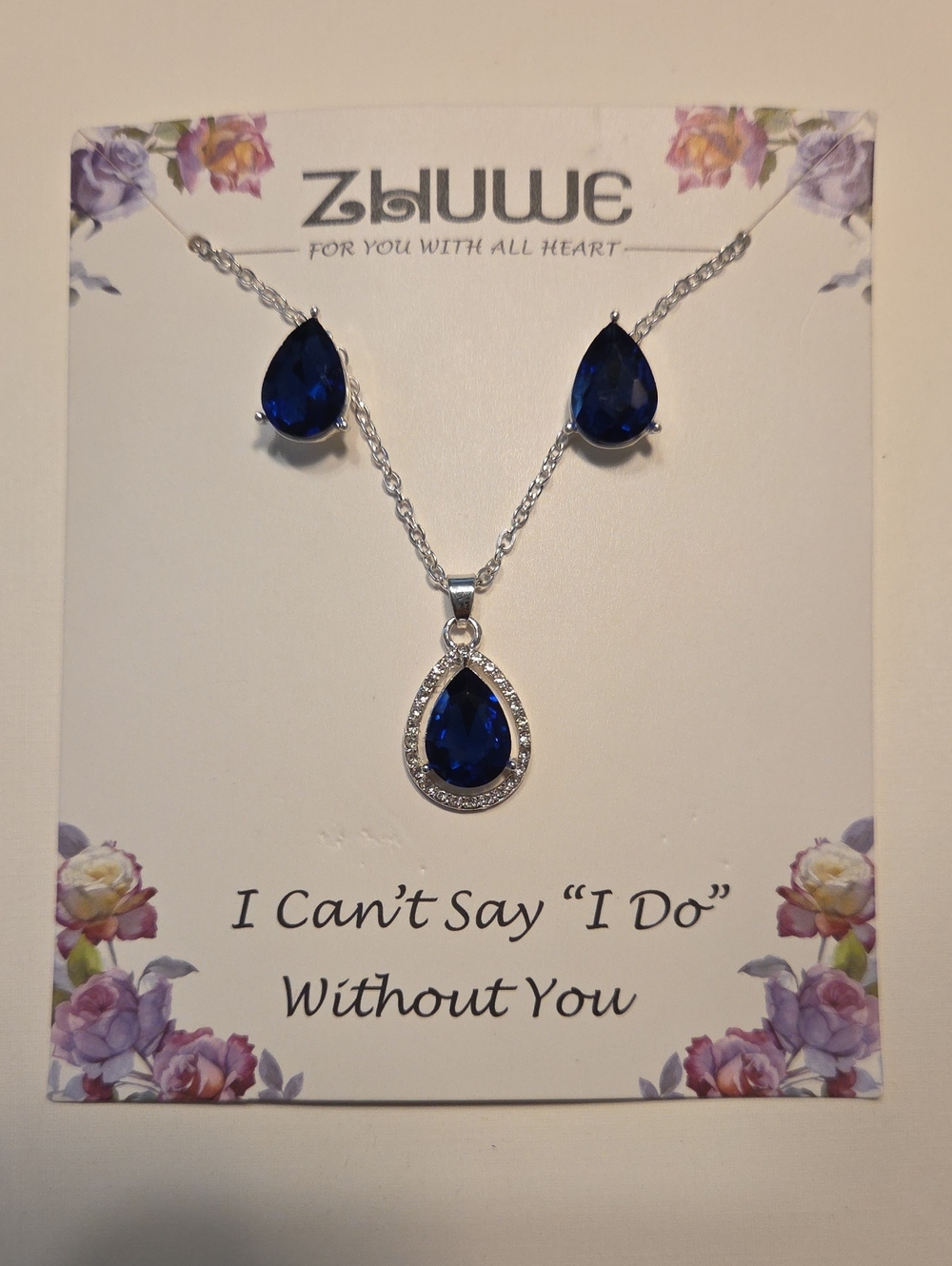 Sapphire Blue Teardrop Pendant Necklace and Earrings Set